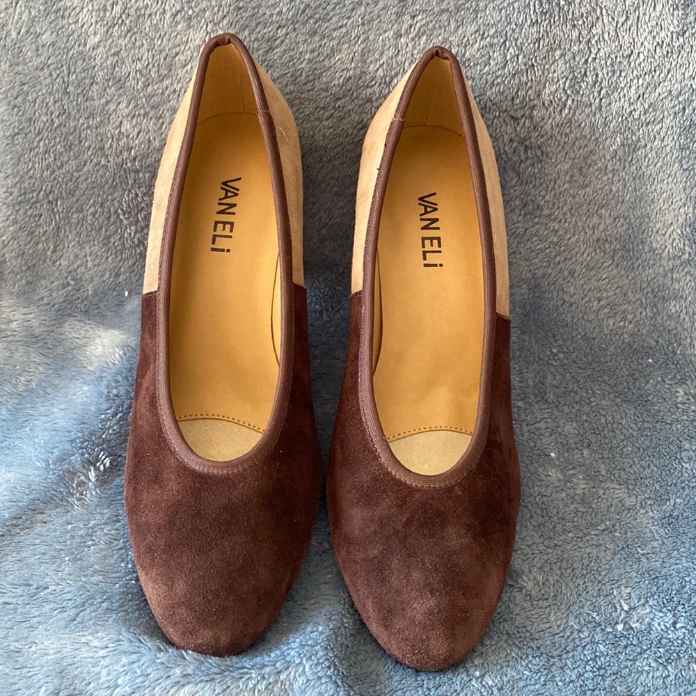VAN ELi, size 7.5 narrow, tan/brown suede pumps